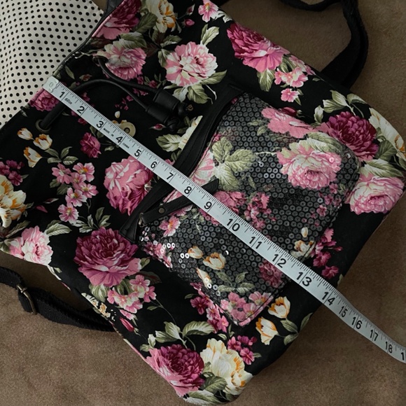 Madden Girl Black Floral Backpack with Polka Dot Interior - Picture 12 of 16